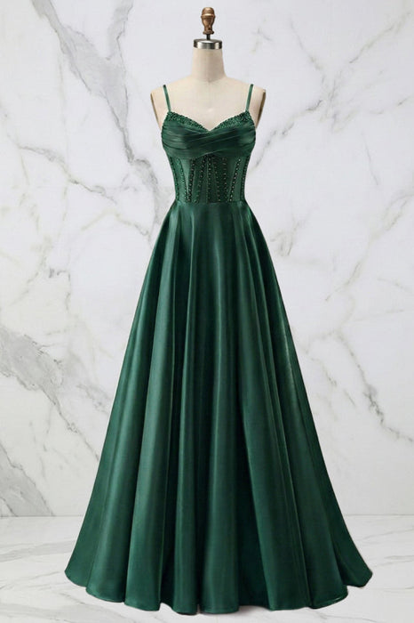 Spaghetti Straps A Line Corset Satin Long Prom Dress with Beaded Boning