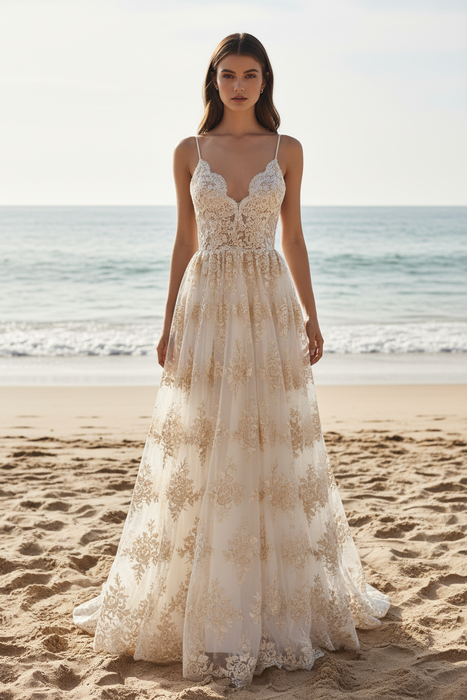 Spaghetti Straps Backless Lace Beach Wedding Dresses - Prom Dresses
