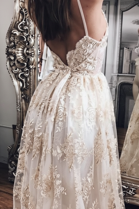 Spaghetti Straps Backless Lace Beach Wedding Dresses - Prom Dresses