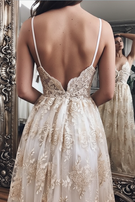 Spaghetti Straps Backless Lace Beach Wedding Dresses - Prom Dresses