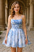 Spaghetti Straps Blue Printed Short Homecoming Dress - Blue