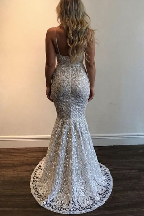 Spaghetti Straps Deep V-neck Sleeveless Mermaid Long Prom Dress