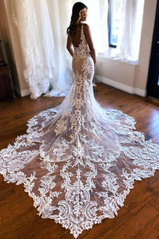 Spaghetti Straps Lace Mermaid Wedding Dress Sleeveless Tulle Bridal Gown