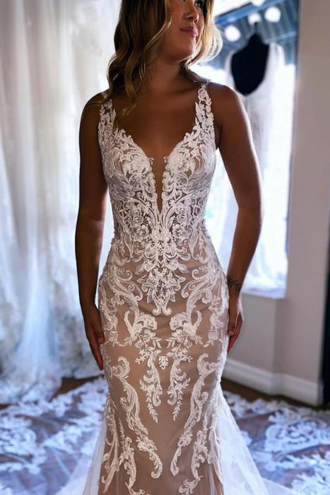 Spaghetti Straps Lace Mermaid Wedding Dress Sleeveless Tulle Bridal Gown
