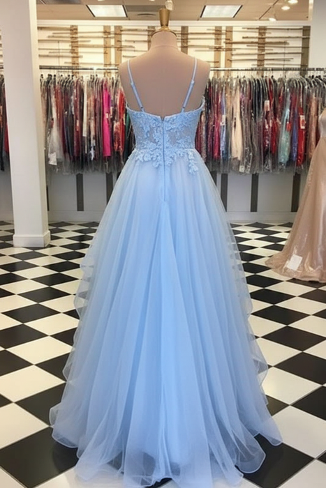 Spaghetti Straps Long Ruffles Lace Applique Evening Tulle Prom Dress For Teens - Prom Dresses