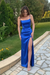 Spaghetti Straps Mermaid Royal Blue Satin Long Prom Dresses with High Slit