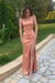 Spaghetti Straps Mermaid Coral Satin Long Prom Dresses with High Slit