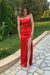 Spaghetti Straps Mermaid Red Satin Long Prom Dresses with High Slit
