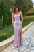 Spaghetti Straps Mermaid Lavender Satin Long Prom Dresses with High Slit