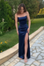 Spaghetti Straps Mermaid Navy Blue Satin Long Prom Dresses with High Slit