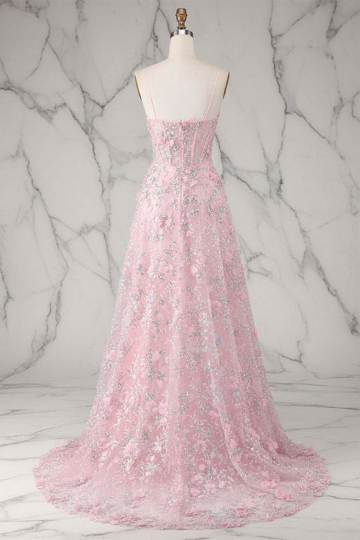 Spaghetti Straps Pink 3D Floral Applique Tulle Prom Dress with Slit