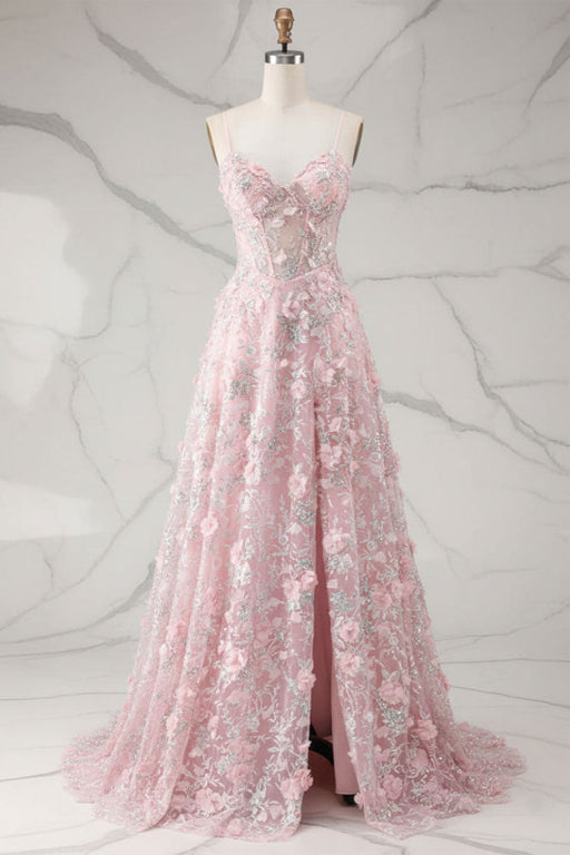 Spaghetti Straps Pink 3D Floral Applique Tulle Prom Dress with Slit