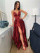 Spaghetti Straps Prom Dress With Slit - Burgundy