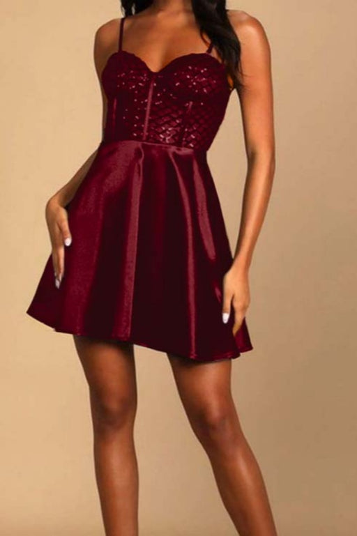 Burgundy Spaghetti Straps Satin Aline Homecoming Dress Sleeveless Prom Dress