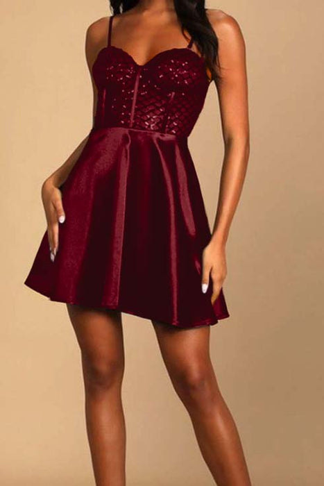Burgundy Spaghetti Straps Satin Aline Homecoming Dress Sleeveless Prom Dress