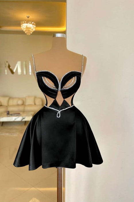 Black Spaghetti Straps Satin Short Homecoming Dress Aline Prom Dress with Beadings