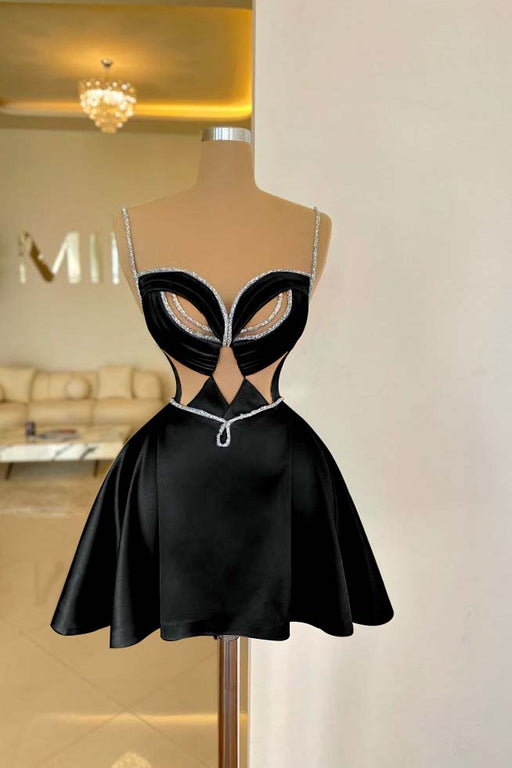 Black Spaghetti Straps Satin Short Homecoming Dress Aline Prom Dress with Beadings