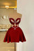 Burgundy Spaghetti Straps Satin Short Homecoming Dress Aline Prom Dress with Beadings