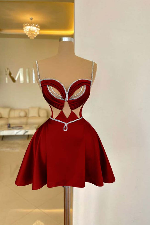 Burgundy Spaghetti Straps Satin Short Homecoming Dress Aline Prom Dress with Beadings
