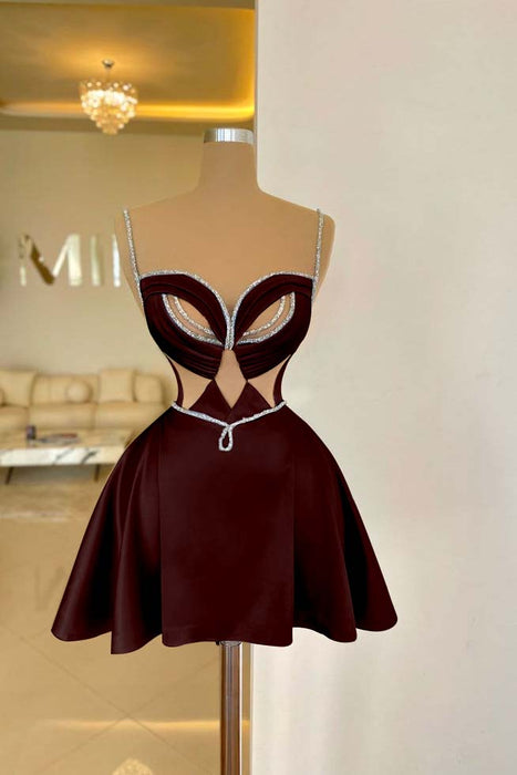 Dark Burgundy Spaghetti Straps Satin Short Homecoming Dress Aline Prom Dress with Beadings