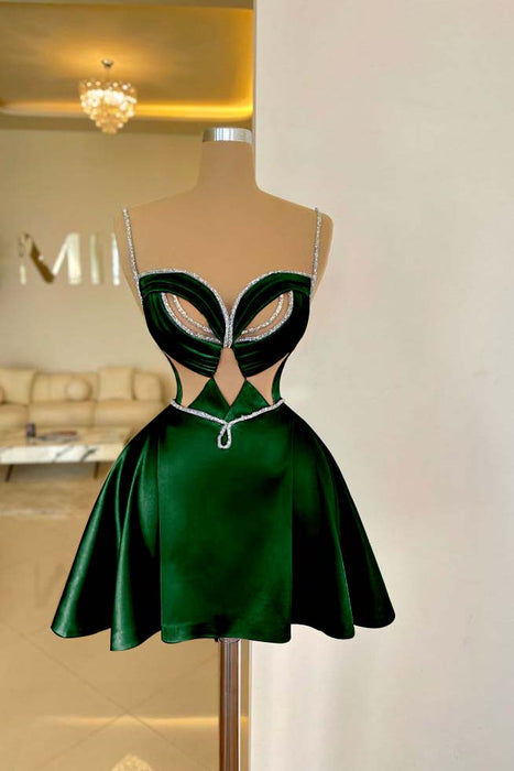 Dark Green Spaghetti Straps Satin Short Homecoming Dress Aline Prom Dress with Beadings