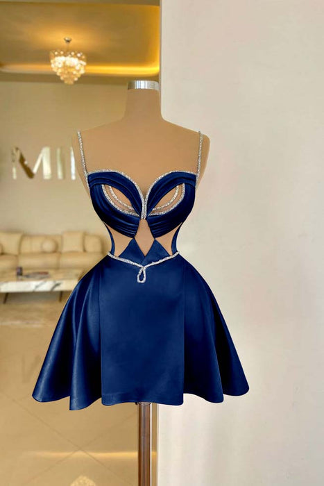 Dark Navy Spaghetti Straps Satin Short Homecoming Dress Aline Prom Dress with Beadings