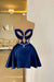 Dark Navy Spaghetti Straps Satin Short Homecoming Dress Aline Prom Dress with Beadings