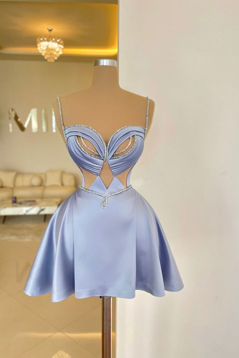Dusty Blue Spaghetti Straps Satin Short Homecoming Dress Aline Prom Dress with Beadings