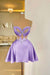 Lilac Spaghetti Straps Satin Short Homecoming Dress Aline Prom Dress with Beadings