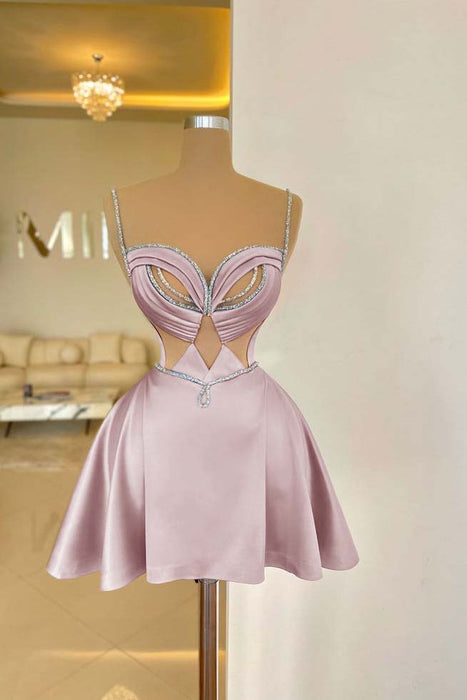 Pink Spaghetti Straps Satin Short Homecoming Dress Aline Prom Dress with Beadings