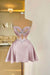 Pink Spaghetti Straps Satin Short Homecoming Dress Aline Prom Dress with Beadings