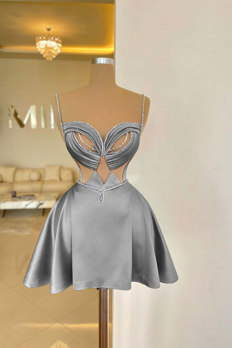 Silver Spaghetti Straps Satin Short Homecoming Dress Aline Prom Dress with Beadings