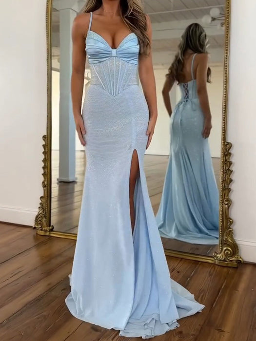 Spaghetti Straps Satin Corset Prom Dress Sky Blue Long with Slit