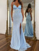 Spaghetti Straps Satin Corset Prom Dress Sky Blue Long with Slit