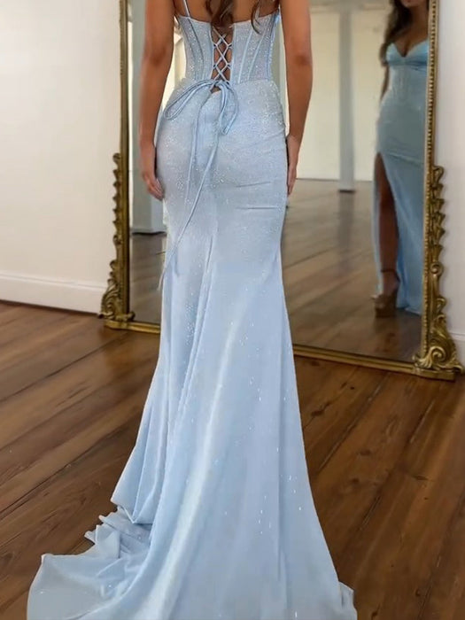 Spaghetti Straps Satin Corset Prom Dress Sky Blue Long with Slit