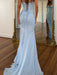Spaghetti Straps Satin Corset Prom Dress Sky Blue Long with Slit