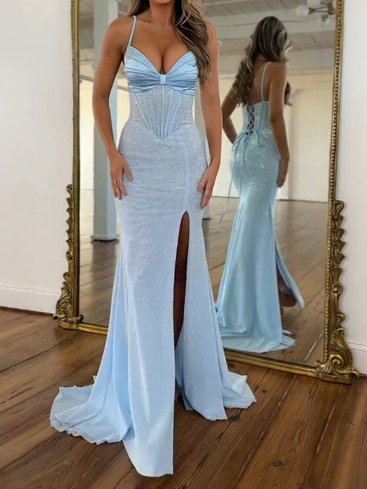 Spaghetti Straps Satin Corset Prom Dress Sky Blue Long with Slit