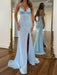 Spaghetti Straps Satin Corset Prom Dress Sky Blue Long with Slit
