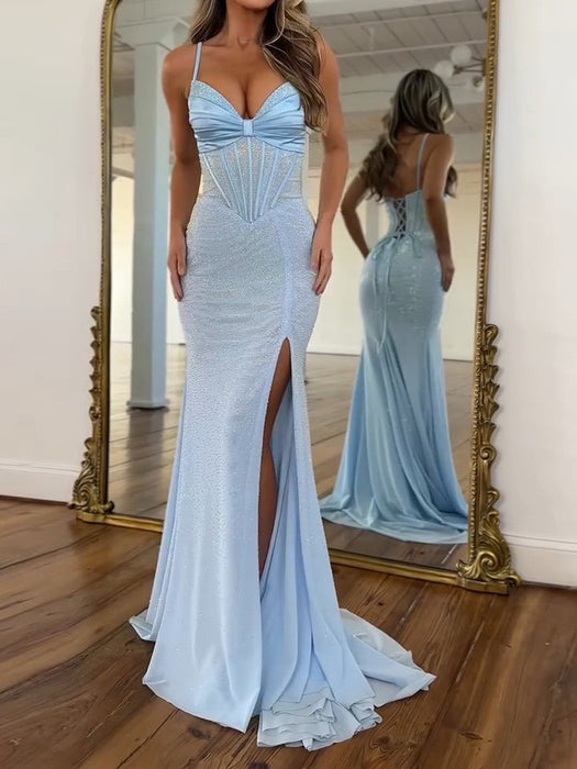 Spaghetti Straps Satin Corset Prom Dress Sky Blue Long with Slit