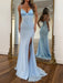 Spaghetti Straps Satin Corset Prom Dress Sky Blue Long with Slit