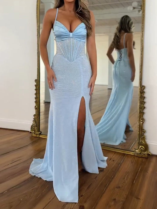 Spaghetti Straps Satin Corset Prom Dress Sky Blue Long with Slit