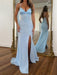 Spaghetti Straps Satin Corset Prom Dress Sky Blue Long with Slit