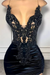 Spaghetti Straps Satin Short Homecoming Dress Beadings with Appliques Black