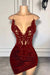 Spaghetti Straps Satin Short Homecoming Dress Beadings with Appliques Burgundy