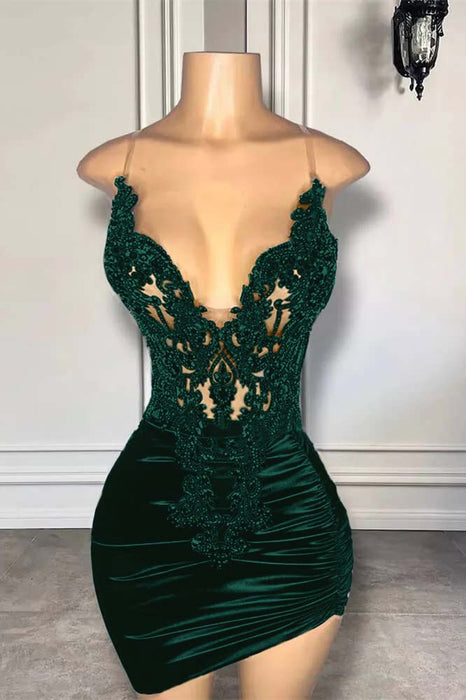 Spaghetti Straps Satin Short Homecoming Dress Beadings with Appliques Dark green