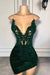 Spaghetti Straps Satin Short Homecoming Dress Beadings with Appliques Dark green