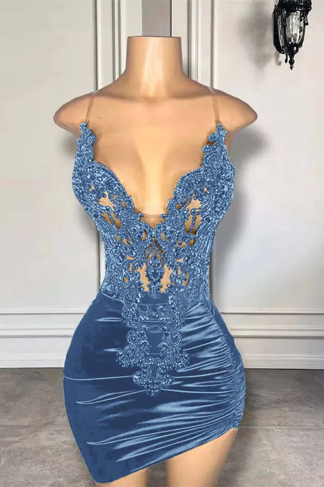Spaghetti Straps Satin Short Homecoming Dress Beadings with Appliques Dusty Blue