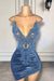 Spaghetti Straps Satin Short Homecoming Dress Beadings with Appliques Dusty Blue
