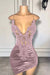 Spaghetti Straps Satin Short Homecoming Dress Beadings with Appliques Dusty Pink