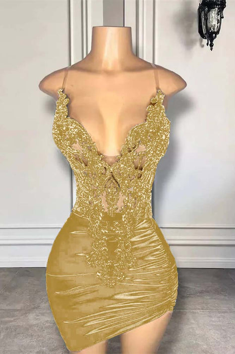 Spaghetti Straps Satin Short Homecoming Dress Beadings with Appliques Gold